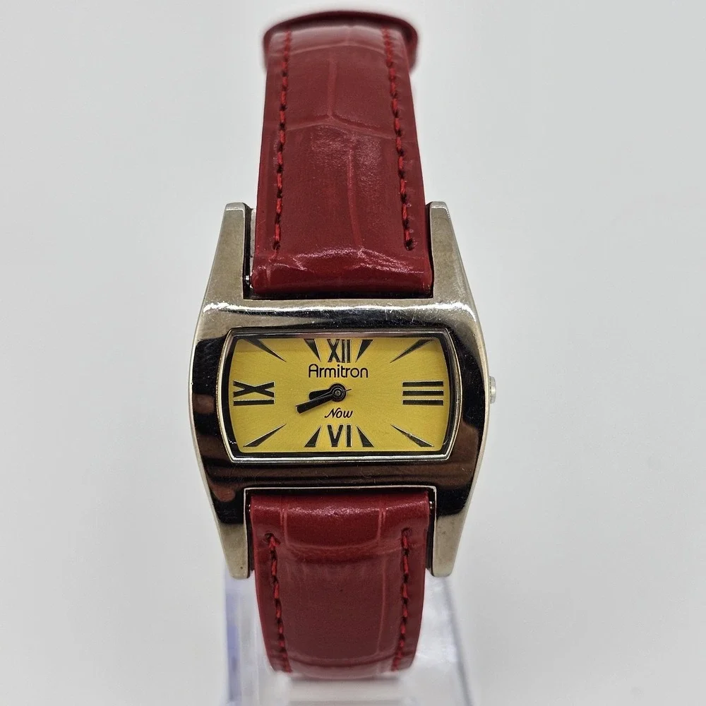 Armitron Analog Women's Watch 30MM Yellow Dial NEW Red Leather Bands NEW Battery